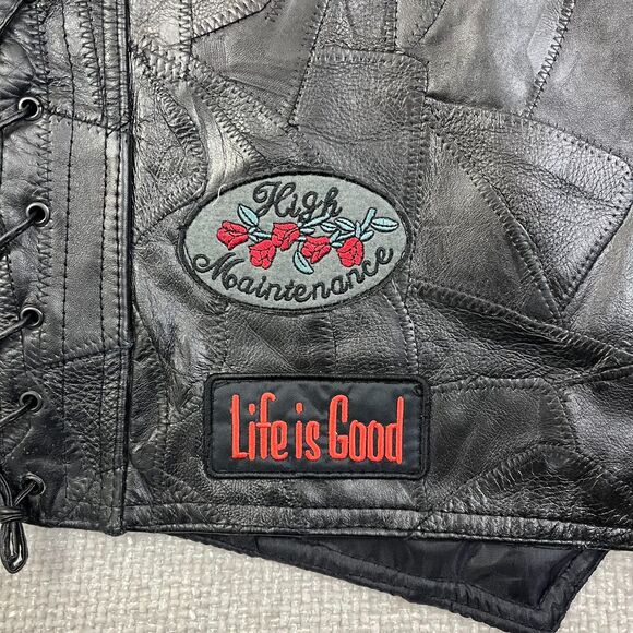 Diamond Plate Leather Vest Motorcycle Women’s Medium Black Embroidered Patches - Picture 8 of 13